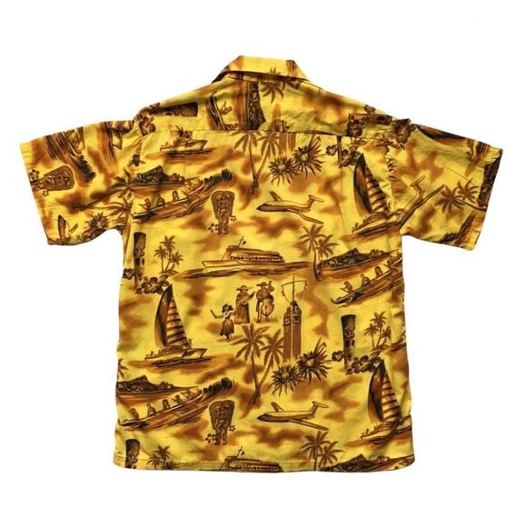 Vintage Fashions of Hawaii 1950s 1960s authentic yellow Hawaiian shirt medium - Picture 5 of 16